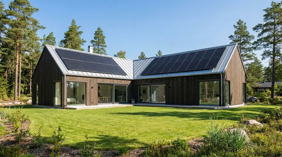 Solceller på taket till en modern svensk villa